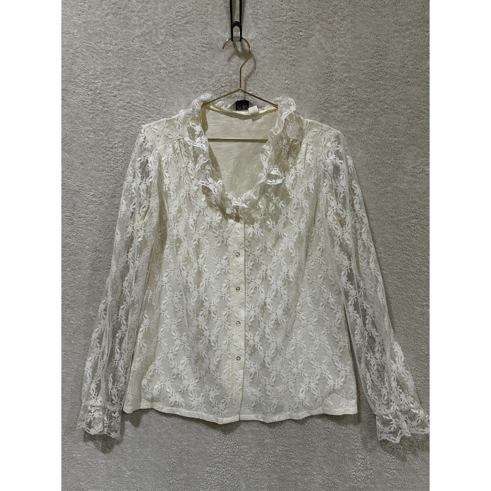 Vintage Blouse Top Shirt White Ruffled Lace Collar Cottagecore Judy Bond‎